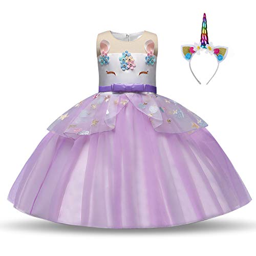 Pretty Princess Filles Costume Licorne Tulle Robe de Princesse Robe de Anniversaire sans Manches Canaval Soirée Spectacle Fête Déguisement avec Couvre-Chef Violet Clair 3-4 Ans