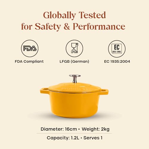 Image of CUMIN CO. Cast Iron Dutch Oven 1.2L, 16 cm | Induction Base Cookware | 10 Years Warranty | Non Toxic Non Stick Biryani Pot with Lid | Heavy Bottom | Chemical Free Coating | Free Accessories | Mustard