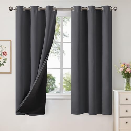 Image of YoungsTex 100% Blackout Curtains 68 Inches Long for Bedroom, Thermal Insulated Drapes Grommet Room Darkening Energy Saving with Double Layer for Living Room, Dark Grey, 2 Panels, 42 X 68 Inch