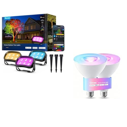 Image of Govee Outdoor Tree Lights 3-Pack & Govee Outdoor Flood Light Bulbs for Yard Garden Patio RGBWW & Tunable White