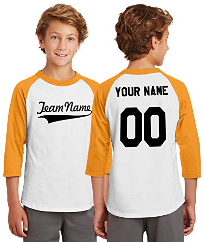 Custom Baseball Jersey T-Shirt | Youth Sizes | Add Your Team, Name, Number | Raglan 3/4 Sleeve, Unisex, 100% Cotton White/Gold