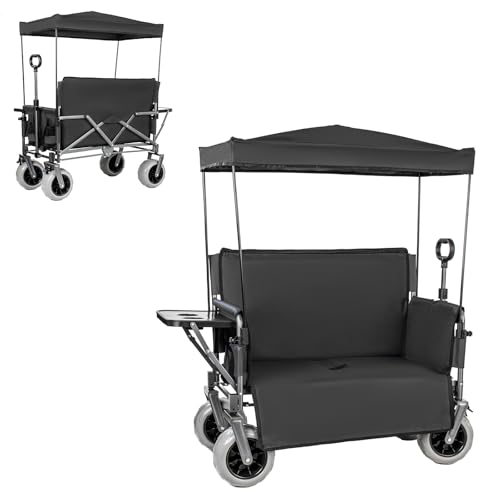3-in-1 Collapsible Wagon with Canopy Wagon Bench Seat for Adults Push Pull Folding Wagon Cart with Table Heavy Duty 500lbs 180L Outdoor Wagon for Beach Camping Garden