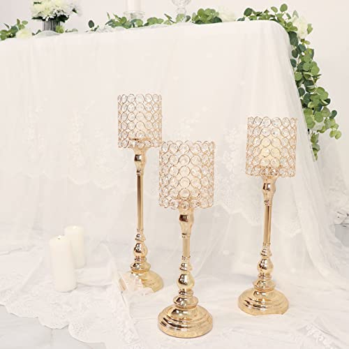 TABLECLOTHSFACTORY Set of 3 | Gold Crystal Beaded Goblet Votive Candle Holder Centerpieces, Tea Light Candle Stands - 18
