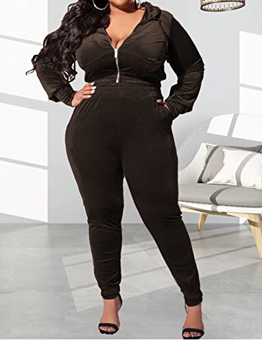 Iymoo Plus Size Sweatsuits For Women Tracksuit 2 Piece Outfits Velour Active Wear Zipper Cropped Hoodie Sweatpants Sweat Suits Dark Coffee 2X #TOP2
