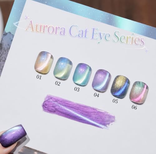 Image of AZUREBEAUTY HEMA-Free 15ML 6 Colors Aurora Cat Eye Gel Polish Set | Galaxy Holographic Nail Gel, Matching Color Bottles with Swatch Card, Soak-Off UV LED Gel for DIY Salon