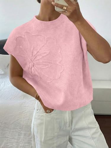 Saodimallsu Womens Short Sleeve Sweater Trendy Floral Pullover Sweaters Summer Casual Crewneck Lightweight Knit Tops Pink — view 2