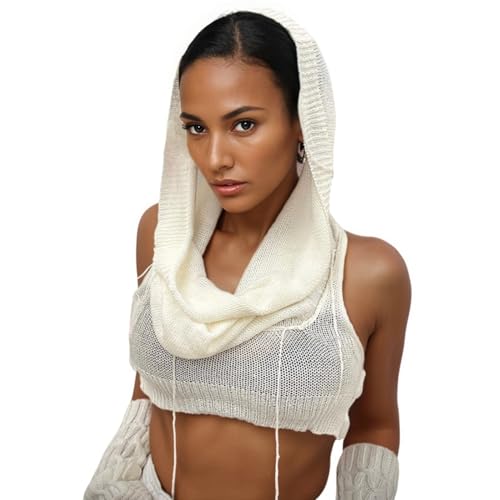 Image of Women Knitted Hoodie Sweater Vest Sexy Sleeveless Hollow Out Hooded Crop Top Streetwear Rave Oufit