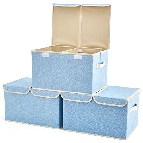 EZOWare Large Storage Boxes [3-Pack] Baby Blue Linen Fabric Foldable Storage Cubes Bin Box Containers with Lid and Handles for Home Nursery, Closet, Clothes Baby Products