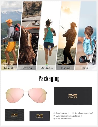 Image of LUENX Aviator Sunglasses for Women Men Polarized Lens Trendy Sun Glasses - UV 400 Protection 60MM with Accessories Driving