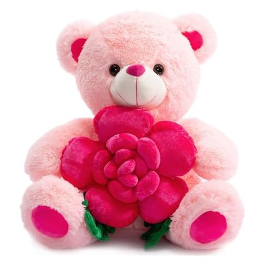 BEJOY Teddy Bear Stuffed Animals Plush Bear Holding Rose Soft Plush Toy Valentine's Day, 16 Inch, Pink