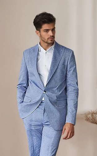 Linen Suit for Men Slim Fit 2 Piece Set One Button Blazer Pant for Formal Business Groomsmen Prom Suit3