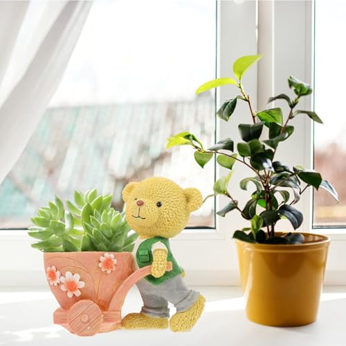 Image of Cute Bear Succulent Planter with Floral Cart - Resin Mini Pot for Desk, Home or Kids Room Decor - Decorative Animal Plant Holder | No Plants or Floral Included (4.13 Inch)