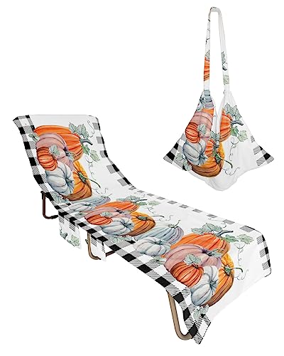 Thanksgiving Pumpkin, Beach Lounge Chair Towel Cover, Soft Chaise Lounge Towel with Side Pockets Patio Pool Chairs Cover for Beach/Pool Sunbathing 29x85 Fall Eucalyptus Buffalo Plaid Check