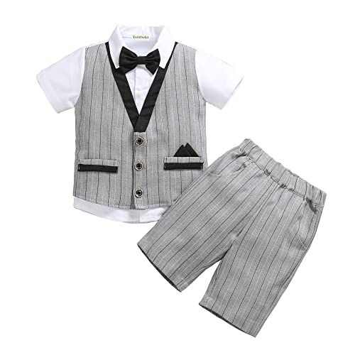TriHDsArt Baby Toddler Boys Vest Suits Set Short Shirts with Bowtie and Pants Dressy Outfits(Grey,100)