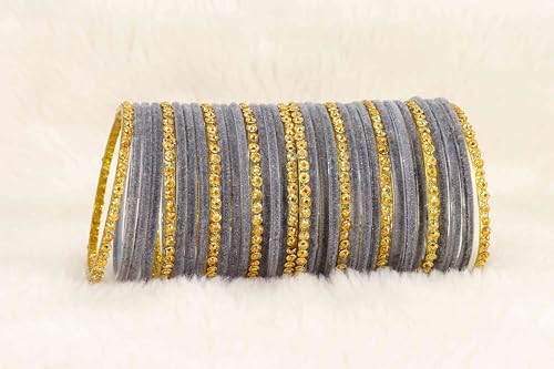 Image of NMII Premium Glass & Golden Beads Velvet Bangle Set For Women and Girls | Velvet Chudi | Traditional Chudi Set | Designer Girl's Bangles Bracelet | Wedding, Party, Festive, Daily- Set of 34