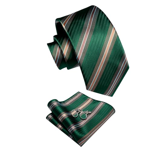 Image of YourTies Green Christmas Ties for Men Striped Tie Woven Silk Necktie Handkerchief Cufflinks Set Formal Business Party Wedding