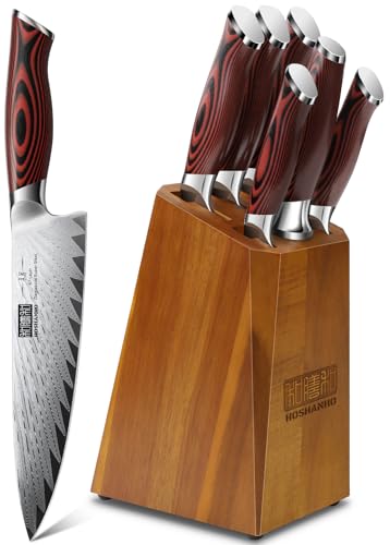 HOSHANHO Kitchen Knife Set with Block, 7 Pieces Chef Knife Set 67 Layers Damascus Steel Professional Knife Set for Cooking, Ergonomic G10 Handles with Sharpener