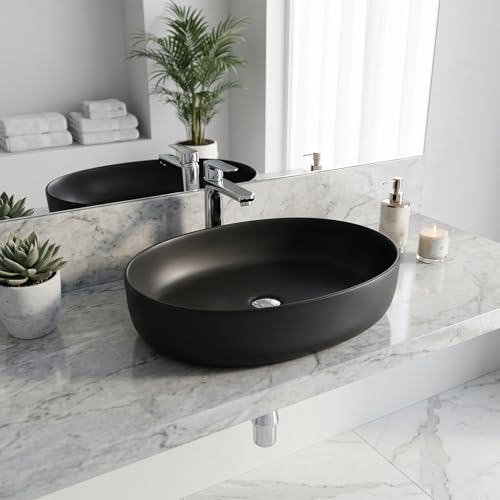 Image of InArt Ceramic Tabletop Wash Basin | Oval Above Counter Art Basin for Bathroom and Dining Area | Size: 22 x 16.5 x 5.5 Inches - Black (Matte Finish)