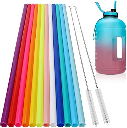 12 Pack, Extra Long 14.5 inch Reusable Silicone Straws for Large Water Bottle -Wine Bottle - 1 Gallon 128 75 64 OZ Tumbler - Flexible Drinking Straws for Extra Tall Cups - 2 Cleaning Brushes