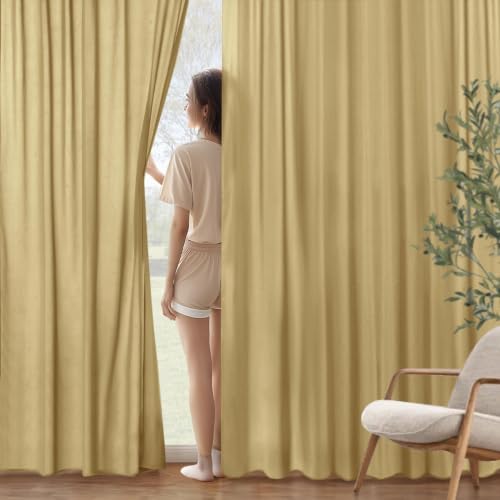 Image of MIULEE Gold Semi Sheer Privacy Curtains Drapes 2 Panels 52W x 72L