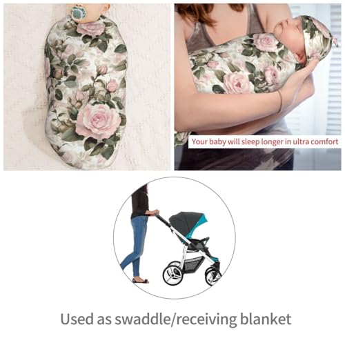 Image of Pink Vintage Rose Floral Swaddle Blanket with Beanie Hat Set Newborn Swaddle Wrap Soft Baby Receiving Blankets Baby Swaddle Blanket for Baby Boys and Girls