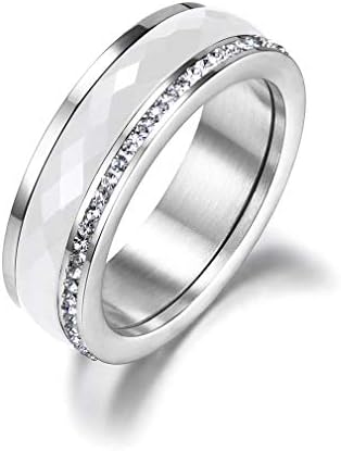 Ronliy Titanium Steel White Ceramics Rings Jewelry Gold Color Cubic Zirconia Wedding Engagement Rings for Women Silver 8