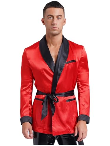 Mens Smoking Jacket Robe with Belt Short Mens Dressing Gown Satin Kimono Bathrobe Nightwear