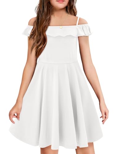 Yoklass Summer Dresses for Girls Kids White Ruffle Sleeve Elastic Waist Twirly Wedding Dance Dress 10-11 Years