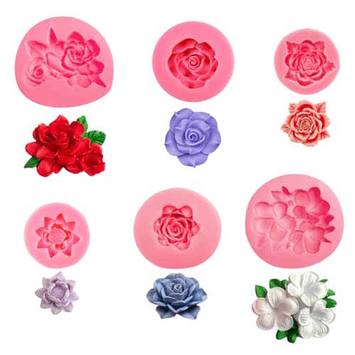 Moldes de Silicona de Flores 6 Piezas Moldes Flores Silicona Rosa Moldes de Silicona Flores 3D Para Moldes Peonía Velas Para el Jabón, Fondant, Velas, Dulces, Chocolate, Decoración de Pasteles