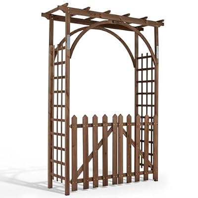 Outvita 7.1FT Wooden Garden Arbor with Gate, Weather-Resistant Garden Arch Trellis with Lattice Side, Outdoor Picket Fence Arbor for Climbing Plants, Yard & Wedding Decoration
