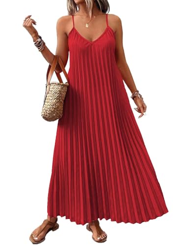 Image of Women's Summer Casual V Neck Sleeveless Strappy Pleated Flowy Loose Maxi Long Beach Dress