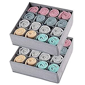 Crosslands 2 Pack Closet Socks Underwear Drawer Organizer Divider, 24 Cells or 16 Cells Collapsible Cabinet Closet Organizer Storage Boxes for Clothes, Socks, Lingerie, Underwear, Ties (16 Cell, Gray)