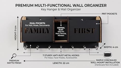 Image of Wall Mount Key Holder & Mail Organizer | Laser-Cut Key Hanger with 7 Metal Hooks, Letter Rack & Pen Stand | Wooden Wall Decor for Entryway, Living Room, Home & Office (Family First)