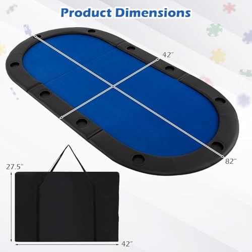 Giantex 82" x 42" Poker Table Top, 10 Player Oval Triple-Fold Blackjack Poker Card Table Topper w/Carrying Bag, Cup Holders, Portable Foldable Texas Holdem Poker Mat Layout for Casino Board Game