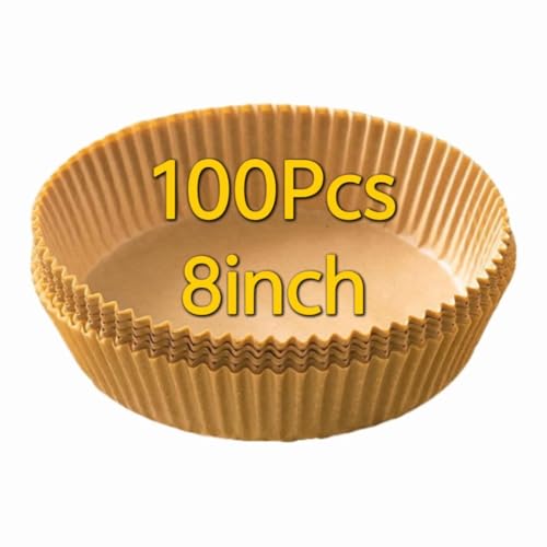 100 sheets of 8-inch food grade air fryer baking paper with three-dimensional folds that are easy to spread, healthy, odorless, oil resistant, and adhesive resistant. Easy to use and worry free