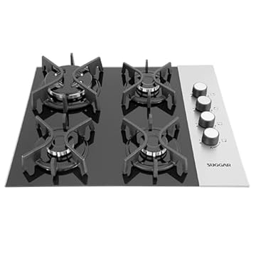 SUGGAR COOKTOP VIDRO PRETO E INOX A GÁS 4 QUEIMADORES ESMALTADOS DIFERENTES TAMANHOS TREMPES FERRO FUNDIDO FG4404FVPIX