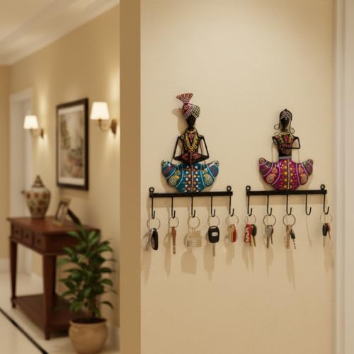 Image of Lamcy Plaza Wall Hanging Key Holder with Hooks | Durable & Lightweight Metal Key Chain Stand | Decorative Wall Mount Key Organizer for Office, Entrance & Home (Couple (Blue, Pink))