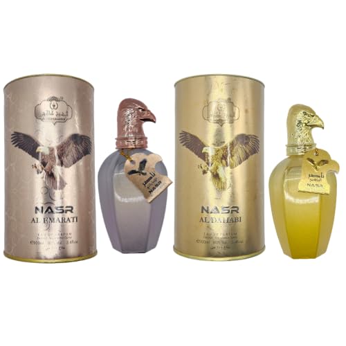 Nasr Arabic Perfume Gift Set for Women, Al Dahabi and Al Emarati, 3.4 FL OZ Each, Duo with Oud, Rose, Saffron, Patchouli, Amber, Musk, Citrus, Floral accords with Oriental Fragrance