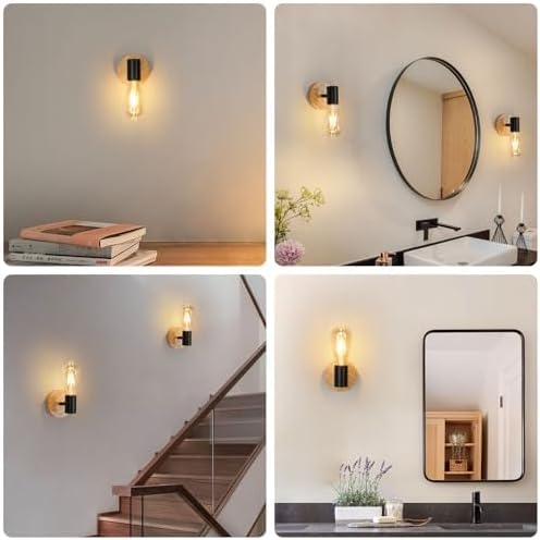 Comely Comely Wandlamp voor binnen, 2-delig, vintage hout, draaibaar, industriële wandlamp van metaal, E27, wandlamp, zwart, voor woonkamer, slaapkamer, keuken (lamp niet inbegrepen) photo 2