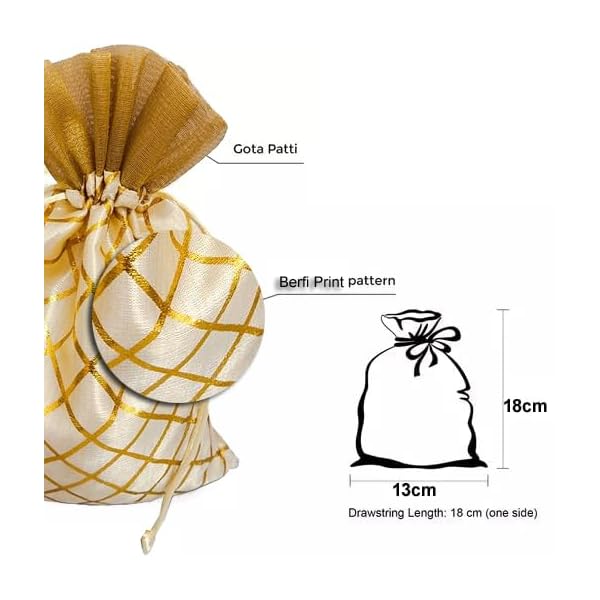 3A FEATURETAIL 13CM X 18CM Small Drawstring Bags Pouches Potli for Gift Wedding Jewelry Packaging Bridal Party Favors for Women (10 Pc Pack, Cream Color Golden Berfi Print) - Image 5