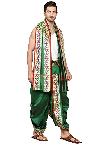 Image of Rameshwaram Fabrics Readymade Dhoti for Men, Velcro Style Stitched Mens Silk Dhoti Pant with Stole Set