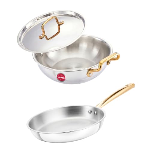 Amazon Brand - Solimo 2 PCS Premium Triply Stainless Steel Cookware Set (Kadai 22cm(1.8L) & Frypan 22cm with common lid) |Gas & Induction Compatible | Dishwasher Safe | Elegant Golden Handles | BIS Certified