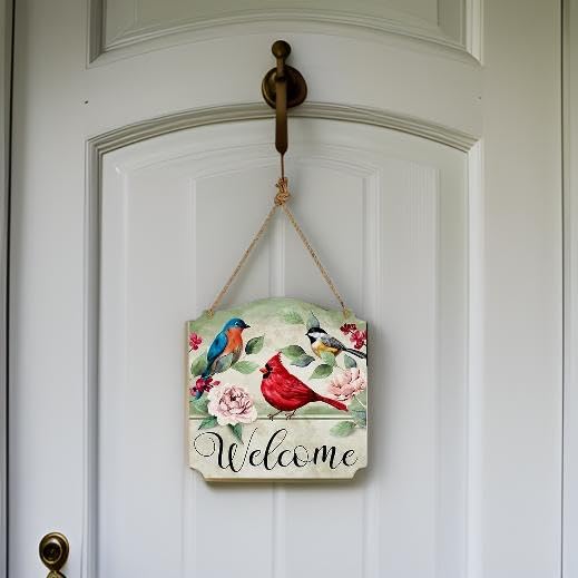 Carson Letrero decorativo de bienvenida colgante de pájaro cantor – Cartel de bienvenida de metal para decoración de puerta – Cartel de bienvenida floral para interiores y exteriores – Cartel de