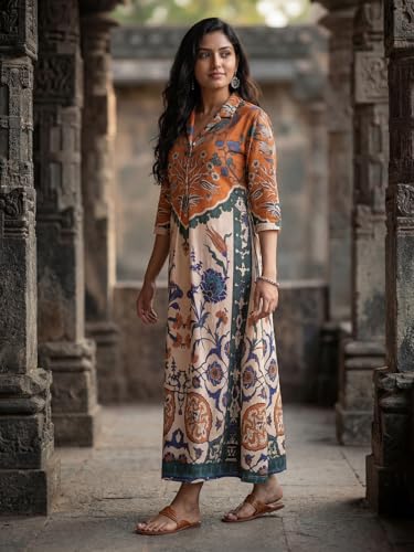 Image of HELLCAT Floral Brown Women Dress|New Trending Dress for Women|Western 3 /4 Sleeve A-line