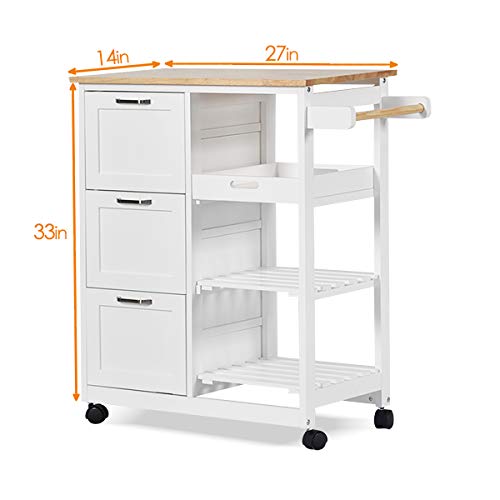 charaHOME Kitchen Island Cart with 3 Tier Holder Kitchen Serving Carts Rolling Bar Cart Natural Solid Wood Top with 3 Tier Storage Drawer,Handle Racks,Caster Liquor Cart Suitable for Placing Wine