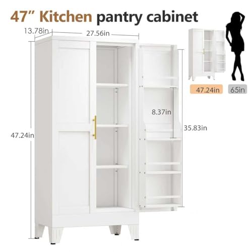 Image of PAOFIN 47 inch Kitchen Pantry Cabinet, Metal Storage Cabinet with 3 Adjustable Layer Shelves, 8 Door Shelves, Buffet Sideboard for Living Room, Kitchen, White