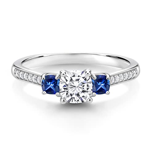 Gem Stone King 925 Sterling Silver Cushion White Moissanite and Blue Created Sapphire 3 Stone Engagement Ring For Women (0.96 Cttw, Gemstone Birthstone, Available In Size 5, 6, 7, 8, 9)3
