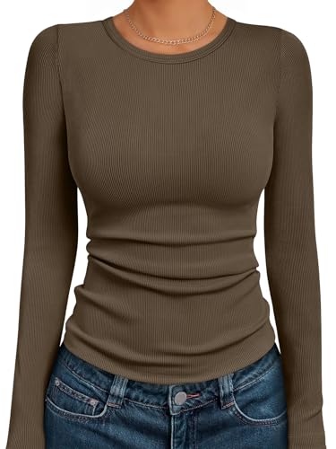 AUTOMET Womens Long Sleeve Shirts Tops Blouses Fall Fashion Ribbed Knit Casual Tshirts Trendy Cute Workout Clothes Coffee XS