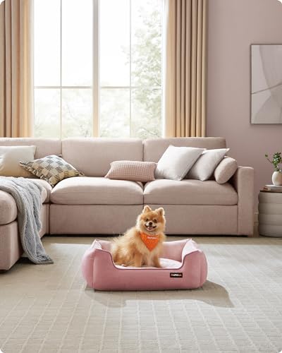 Feandrea Hundebett, Hundekissen in Leinenoptik, Hundekorb, erhöhte Ränder, rutschfeste Unterseite, Bezug abnehmbar waschbar, M, für kleine Hunde, 70 x 55 x 21 cm, pastellrosa PGW010R01