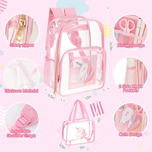 Eccliy 20 Pcs Pink Clear Unicorn Backpack Set Supplies Kit Unicorn Stationery Transparent Backpack Lunch Bag 3D Pencil Case with Compartment Pens Pencils and Sharpeners for Gifts2